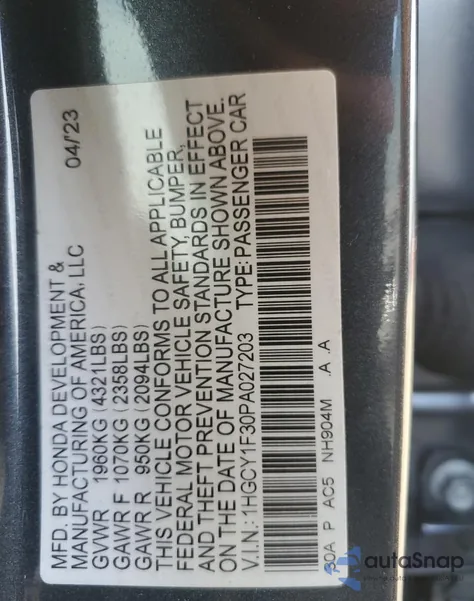 2023 Honda Accord Ex z USA, uszkodzony, nr VIN 1HGCY1F30PA027203
